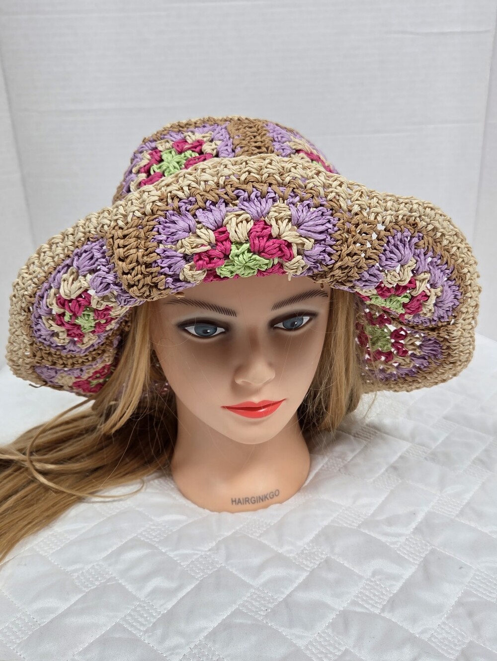 BCBGeneration Granny Square Crochet Bucket Hat Paper Straw Floral Sun Hat OSFM